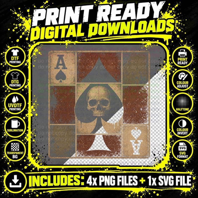 Ace of Spades Skull Card T-Shirt Poker Gambling Vintage Png SVG Digital Bundle