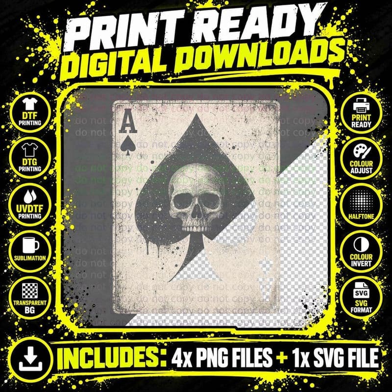 Ace of Spades Skull T-Shirt Poker Gambling Vintage Png SVG Digital Bundle