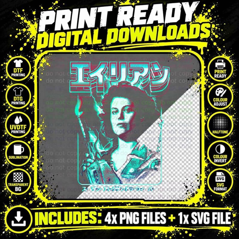 Alien Ripley Retro Vaporwave Japanese Text Portrait Png SVG Digital Bundle