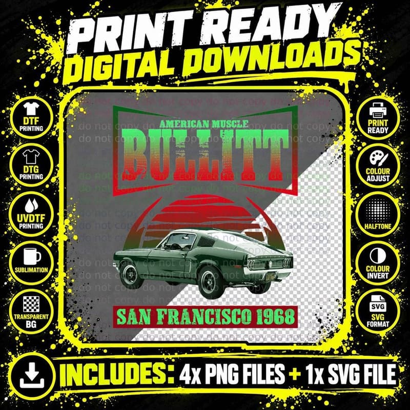 American Muscle Bullitt T-Shirt, Classic Car Print Png SVG Digital Bundle
