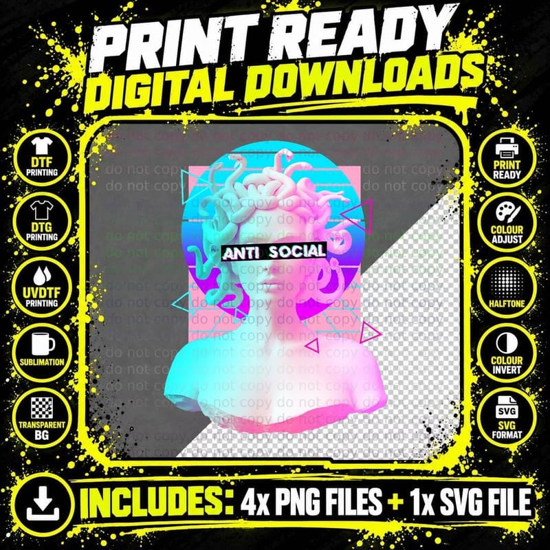 Anti Social Retro Vaporwave Medusa Statue Greek Png SVG Digital Bundle