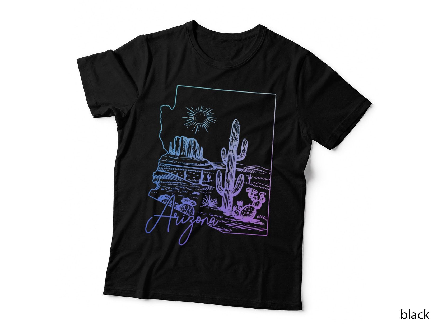 Arizona State Outline Desert Cactus Sketch, Southwest Gradient Vintage T-Shirt