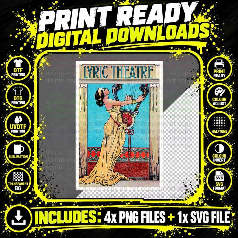 Art Nouveau Woman Harp T-Shirt, Vintage Theatre Style Png SVG Digital Bundle