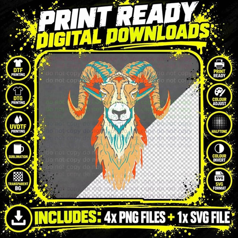 Artistic Big Horn Sheep Ram Head 80s Vibe Sketch Graphic Png SVG Digital Bundle