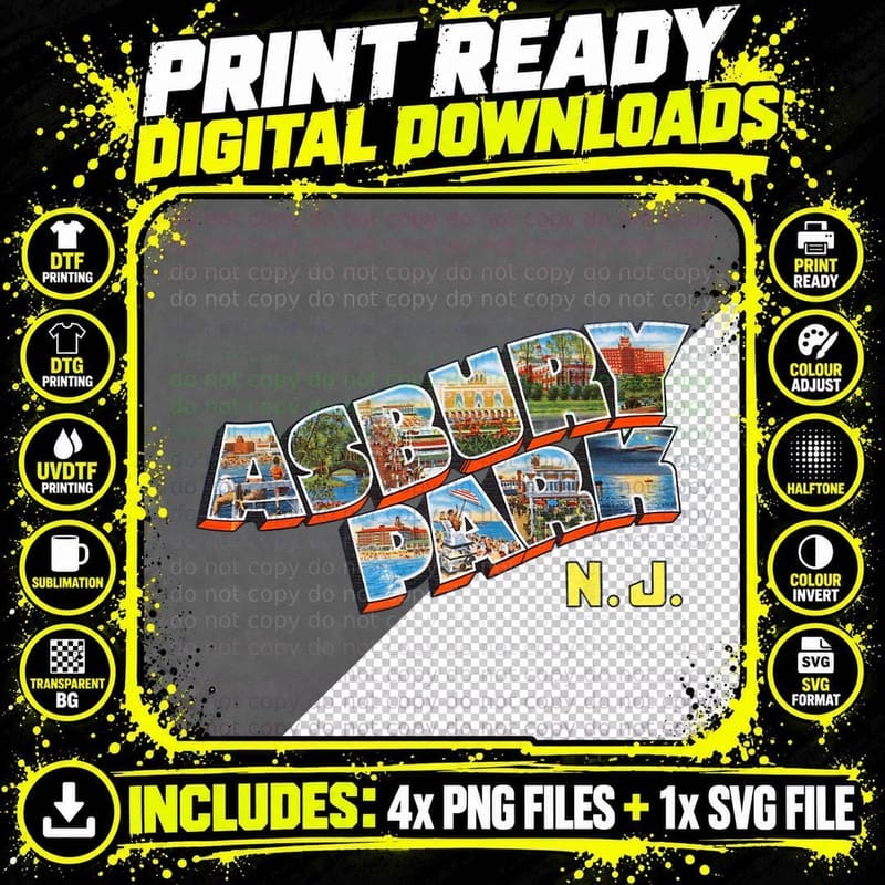 Asbury Park New Jersey Retro Large-Letter Postcard Png SVG Digital Bundle