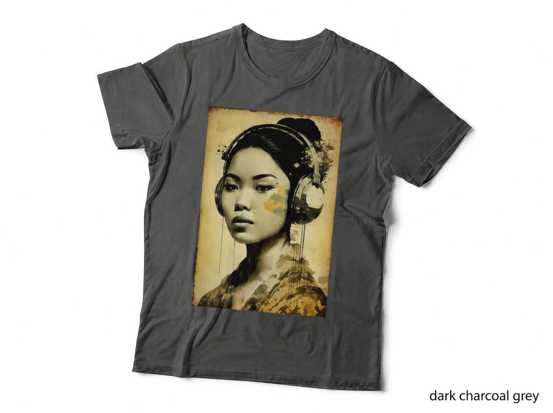 Asian Woman with Headphones, Vintage Newspaper Collage, Music Lover Tee