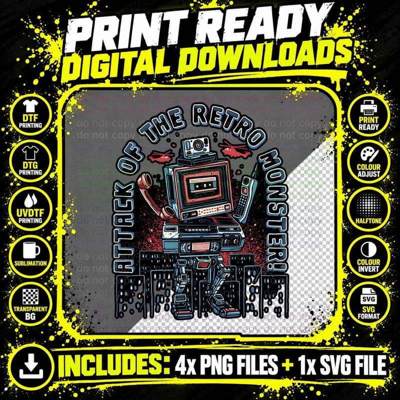 Attack of the Retro Monster 80S Gadget Robot Stomping Png SVG Digital Bundle