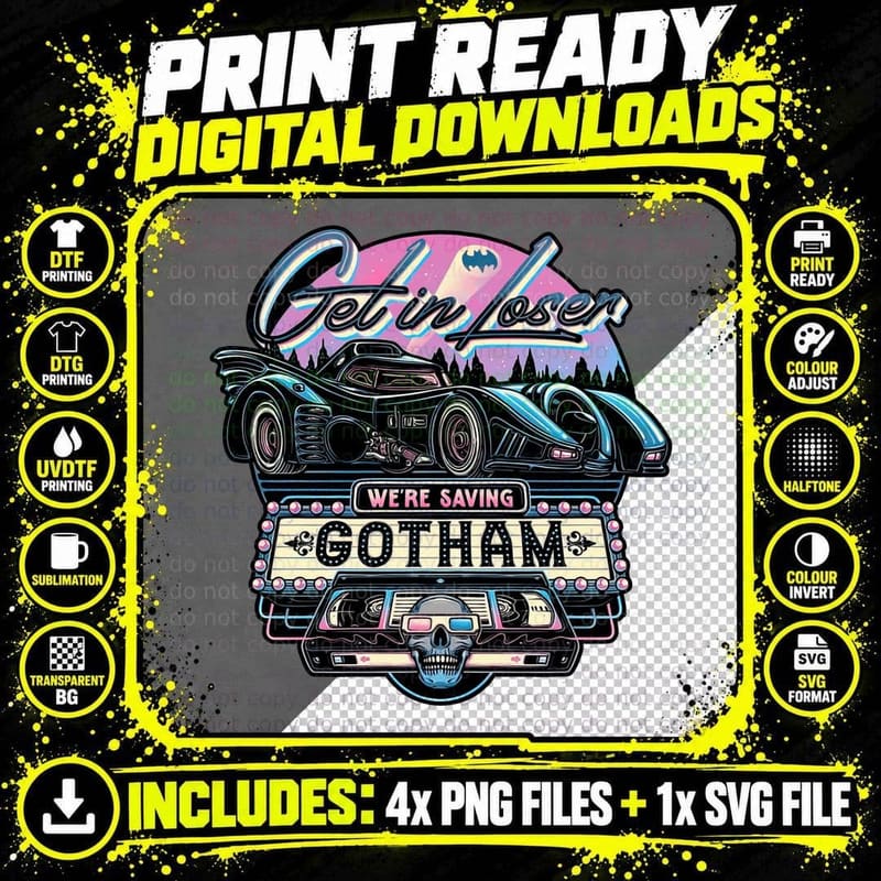 Batman Car T-Shirt, Retro 80s Gotham Tee Png SVG Digital Bundle
