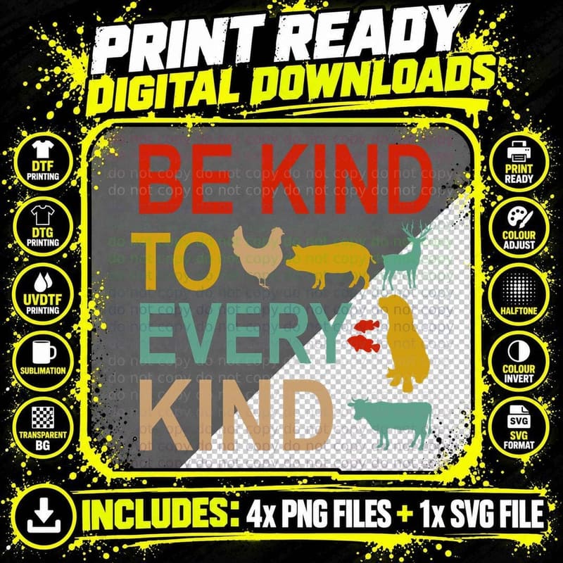 Be Kind to Every Kind Retro Vintage Vegetarian Vegan Png SVG Digital Bundle