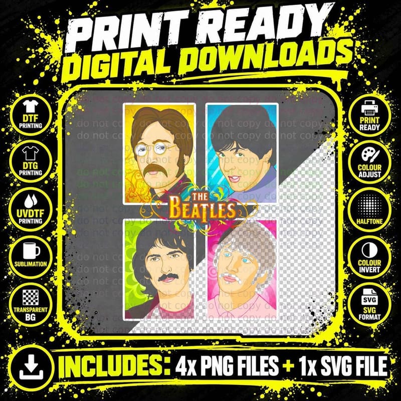 Beatles Cartoon Portrait T-Shirt, Retro 60s Style Png SVG Digital Bundle