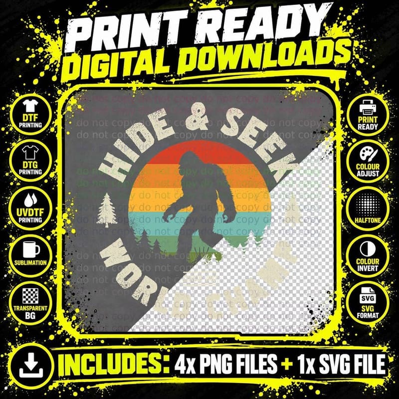 Bigfoot Hide and Seek World Champion Sasquatch Retro Png SVG Digital Bundle
