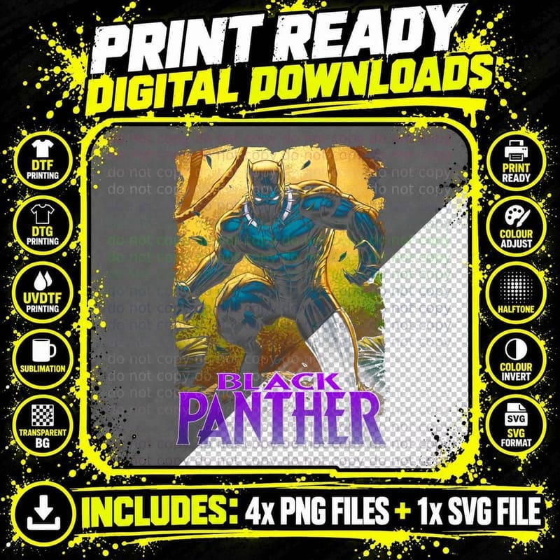 Black Panther Retro Comic Art, Crouching Hero in Jungle Png SVG Digital Bundle