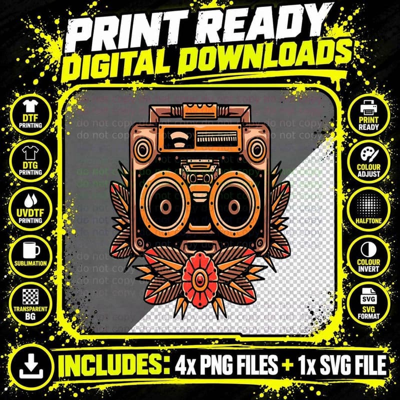 Boombox Tattoo Art T-Shirt, Retro Music Style Png SVG Digital Bundle