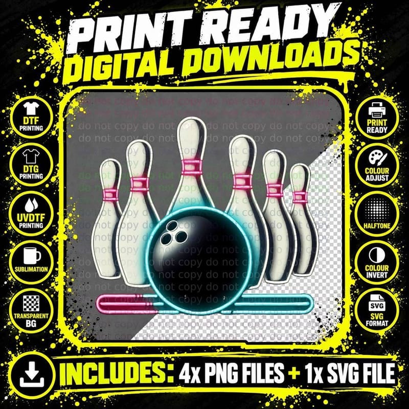 Bowling Strike Neon Glow Art T-Shirt Png SVG Digital Bundle