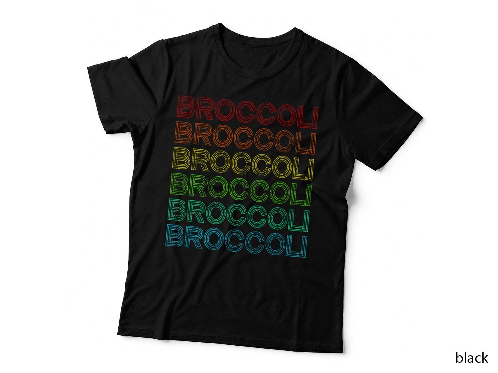 Broccoli Neon Rainbow Repeat Text Retro T-Shirt, Vegan Veggie Bold Typography