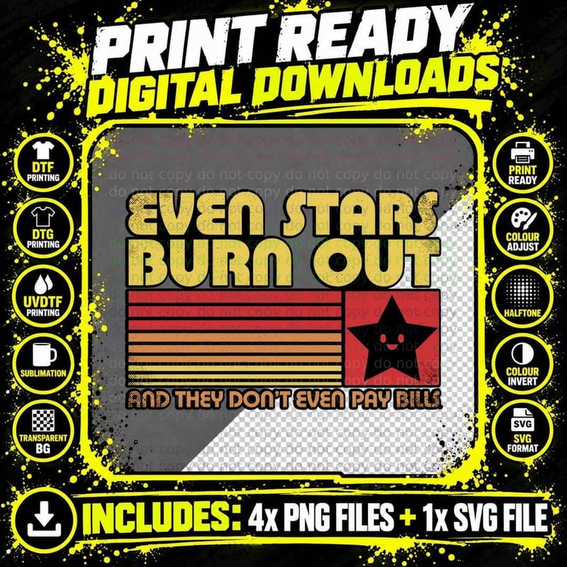 Burnout Ironic Star Vintage T-Shirt, Retro Typography Tee Png SVG Digital Bundle