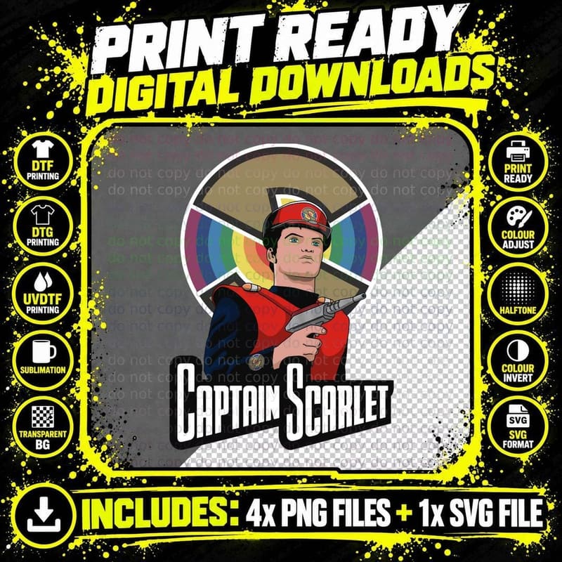 Captain Scarlet T-Shirt, Retro Sci-Fi Hero Png SVG Digital Bundle