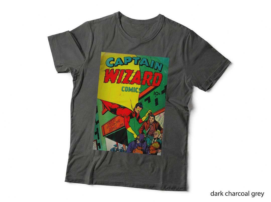 Captain Wizard Vintage 1940S Comic Cover, Red Hero at Bank Scene T-Shirt