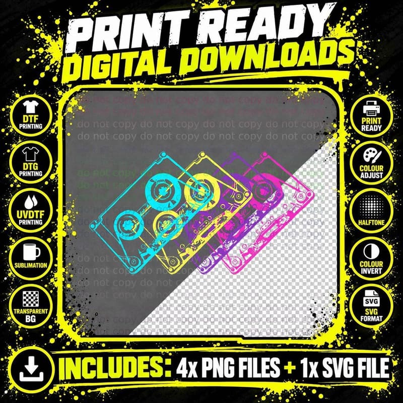 Cassette Mixtape T-Shirt, Cmyk Pop Art Tape Stack Png SVG Digital Bundle
