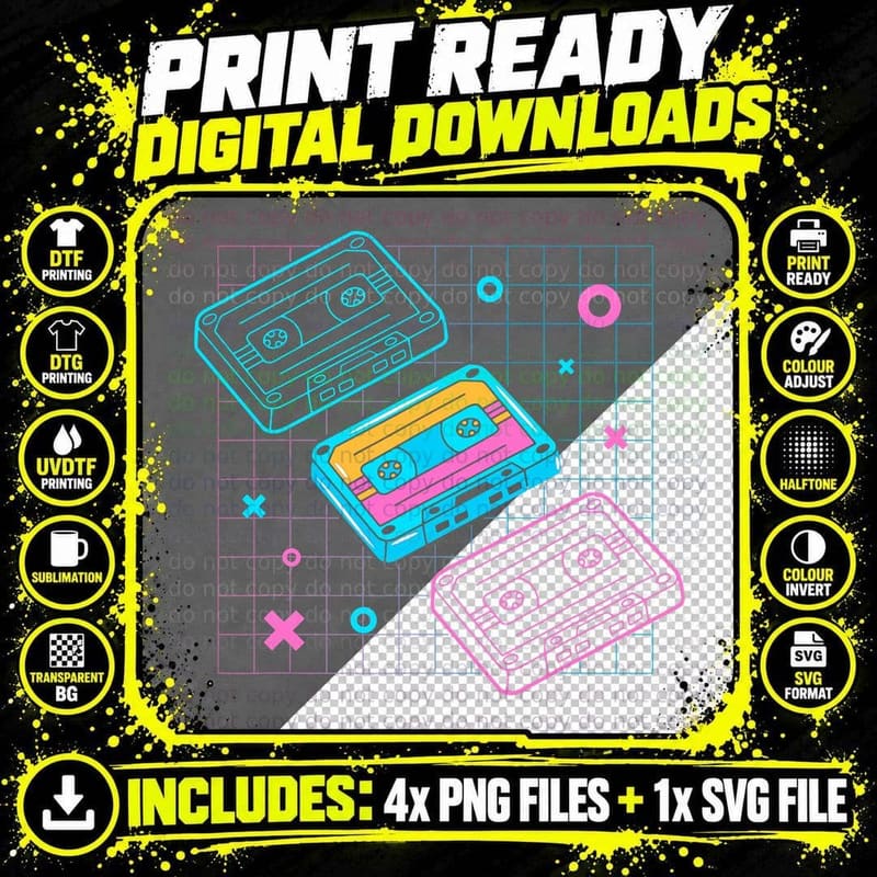 Cassettes Vaporwave - Retrowave Synthwave - Retro Png SVG Digital Bundle