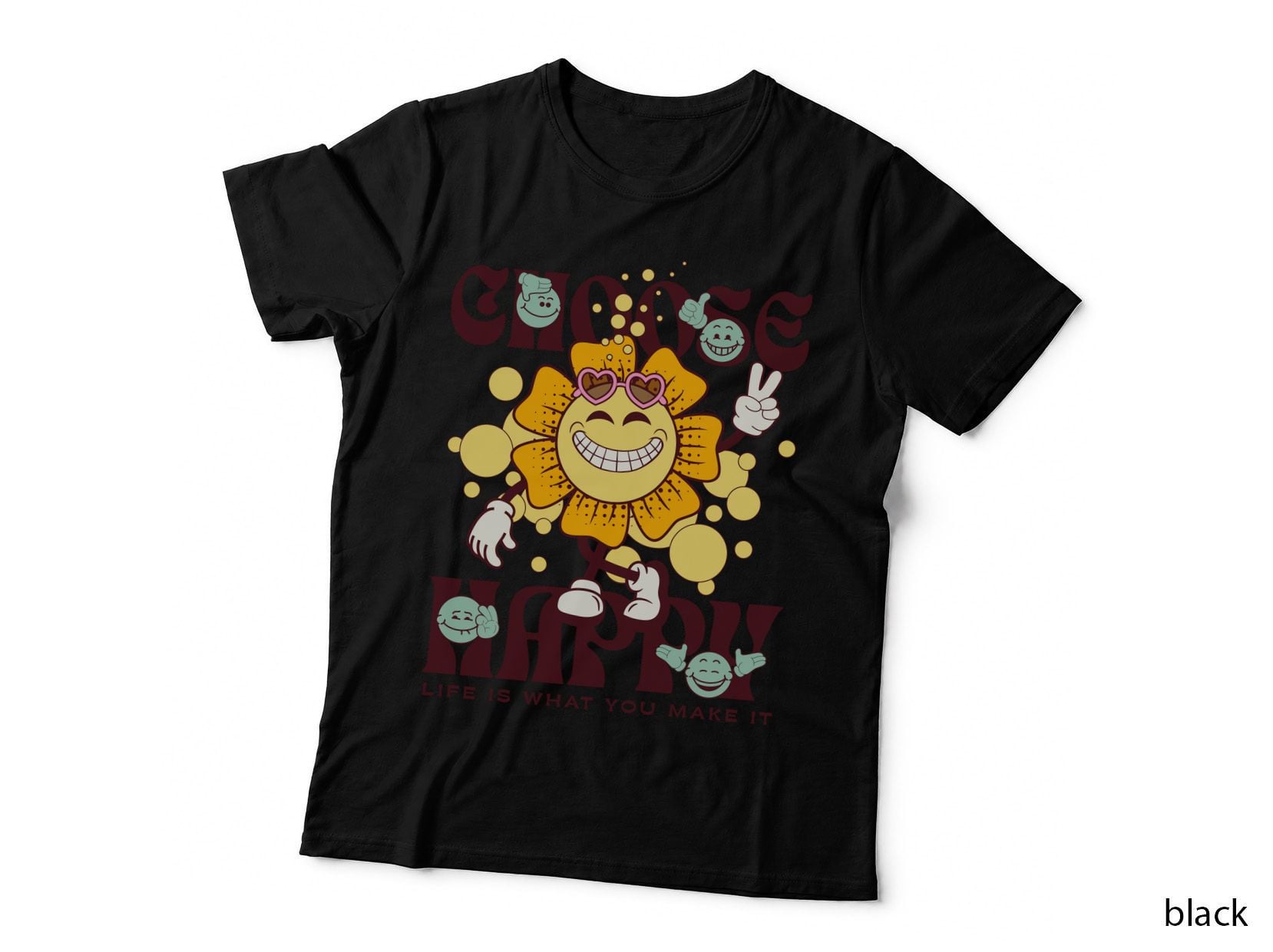 Choose Happy Retro Cartoon Sun Tee, Heart Sunglasses Peace Sign, Groovy Vintage