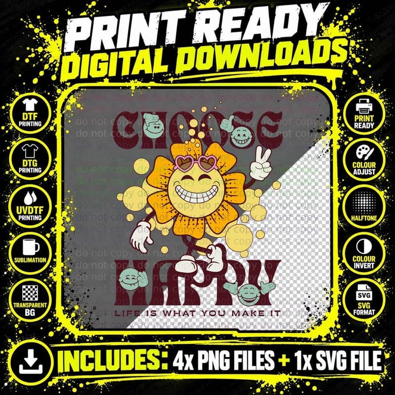 Choose Happy Retro Cartoon Sun Tee Png SVG Digital Bundle