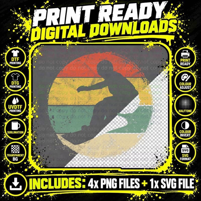 Circular Snowboarder Silhouette Retro Snowboarding Png SVG Digital Bundle