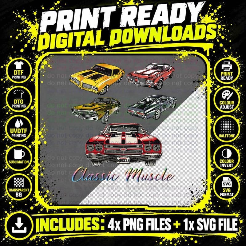 Classic Muscle Cars T-Shirt, Five Vintage American Cars Png SVG Digital Bundle