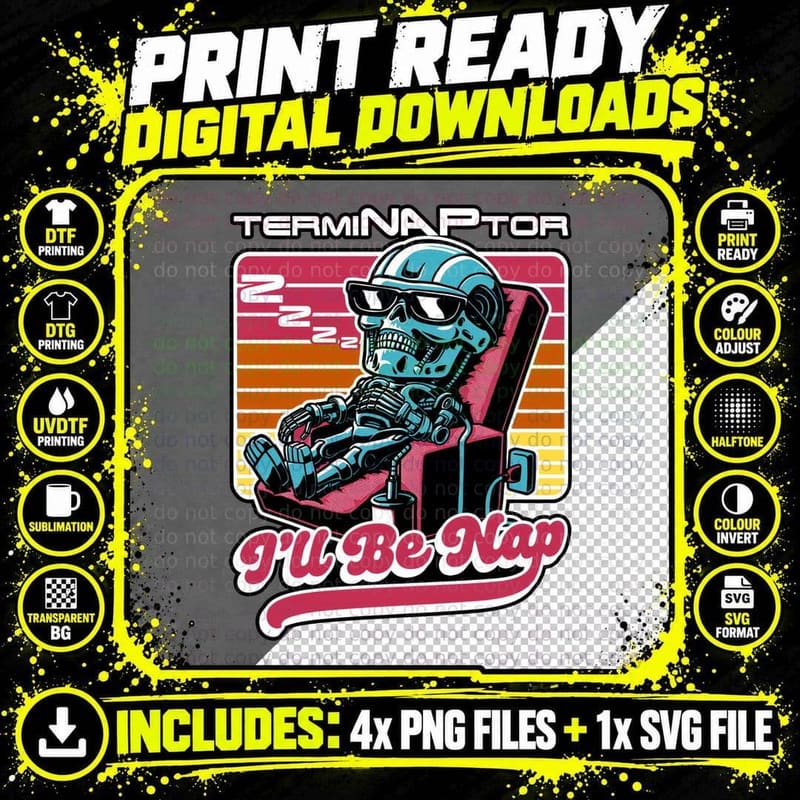 Cyborg Robot Nap T-Shirt, Retro 80s Sci-Fi Tee Png SVG Digital Bundle