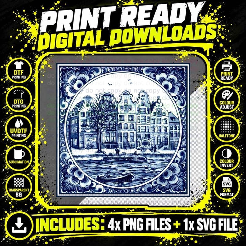 DUTCH BLUE DELFT Vintage Boats in Canal Amsterdam Print Png SVG Digital Bundle
