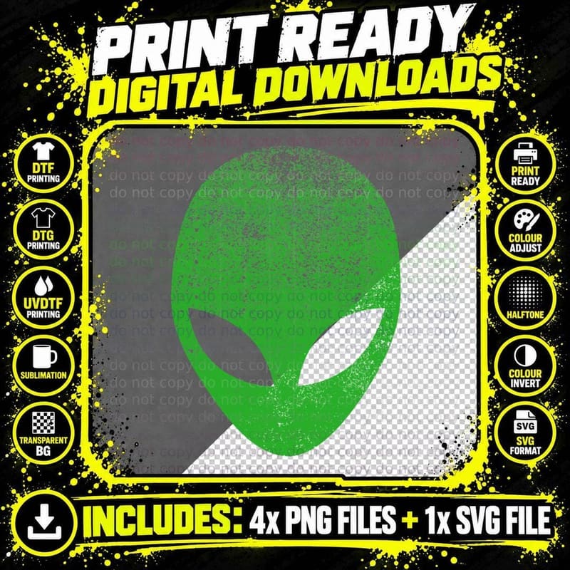 Distressed Green Alien Head UFO Area 51 Roswell Png SVG Digital Bundle