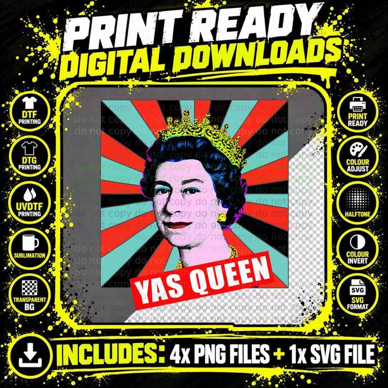 Elizabeth Yas Queen Retro Pop Art Queen of England Png SVG Digital Bundle