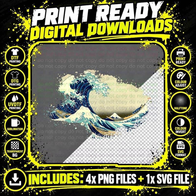Famous Vintage Japanese Fine Art the Great Wave Stylish Png SVG Digital Bundle