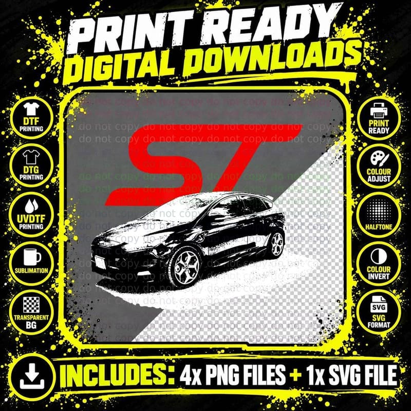 Focus St Distressed Hatchback Car T-Shirt Png SVG Digital Bundle