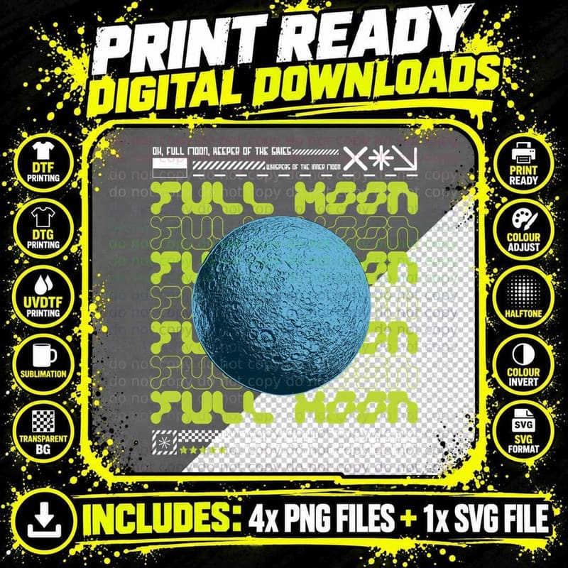 Full Moon Detailed Crater Retro T-Shirt Png SVG Digital Bundle