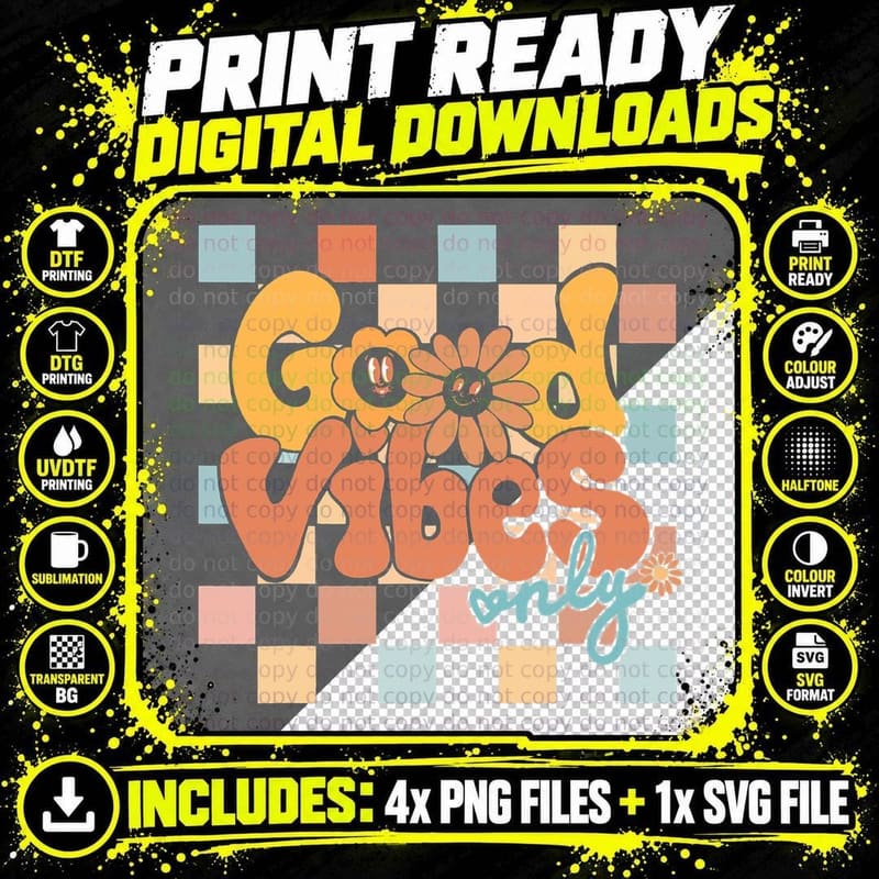 Good Vibes Only Retro Happy Face Groovy Flower Hippie Png SVG Digital Bundle