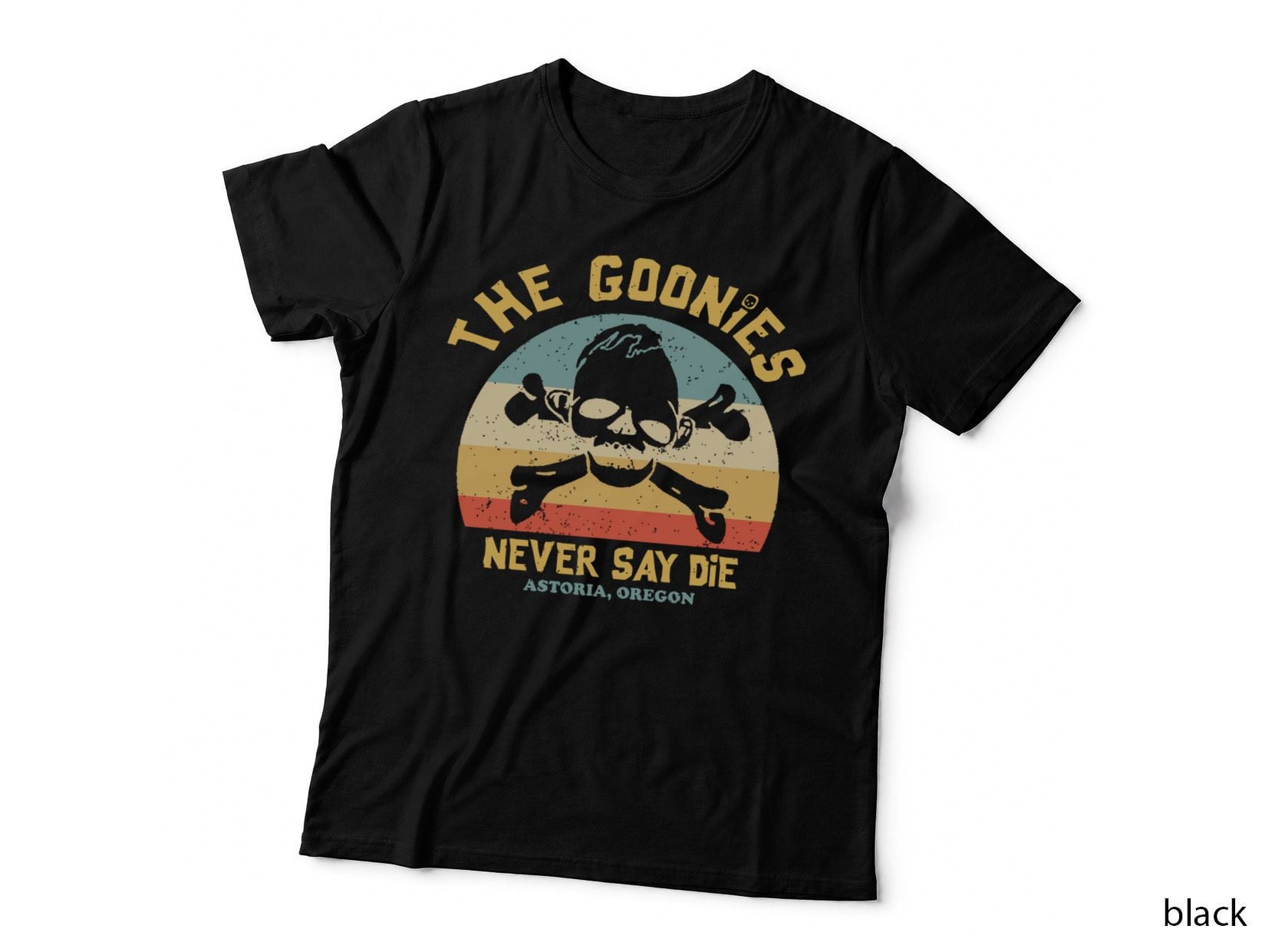 Goonies Never Say Die T-Shirt, Retro Sunset Skull Design, Astoria Oregon Fan Art