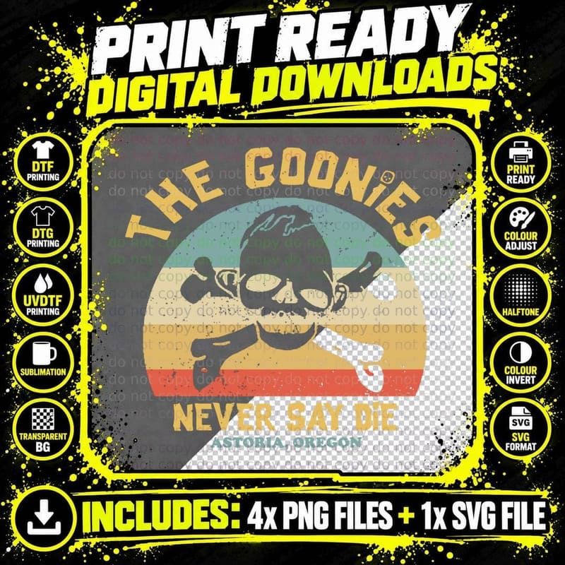 Goonies Never Say Die T-Shirt, Retro Sunset Skull Design Png SVG Digital Bundle