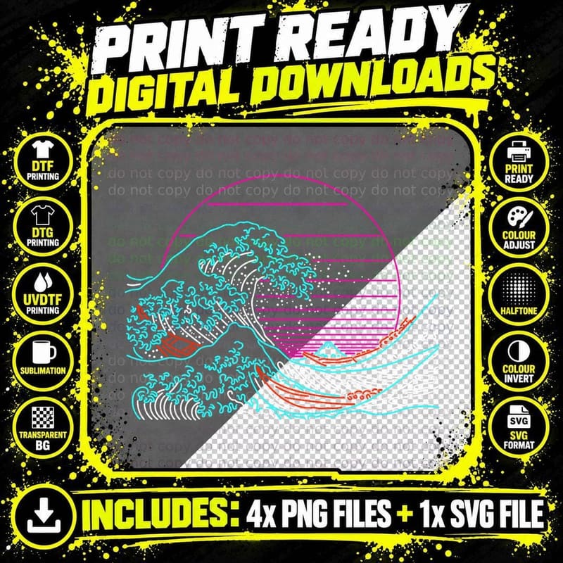Great Neon Wave - Great Wave off Kanagawa - Vintage - Png SVG Digital Bundle