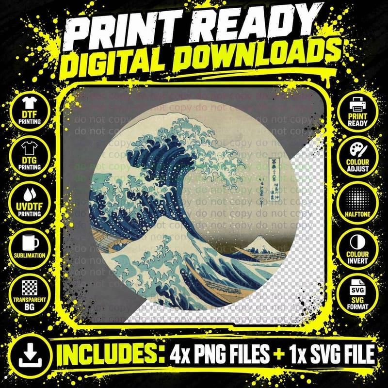 Great Wave off Kanagawa Circle Print T-Shirt Png SVG Digital Bundle