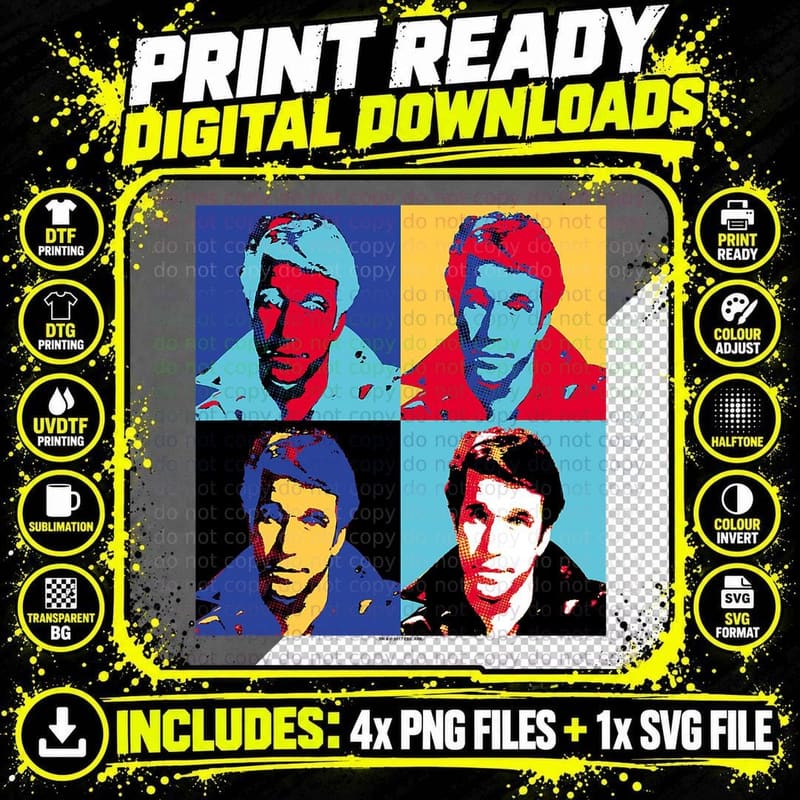 Happy Days Fonzie Four-Panel Pop Art Portrait Png SVG Digital Bundle