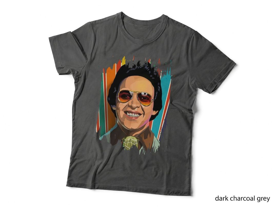 Hector Pop Art Portrait, Retro Sunglasses Colorful Stripe T-Shirt