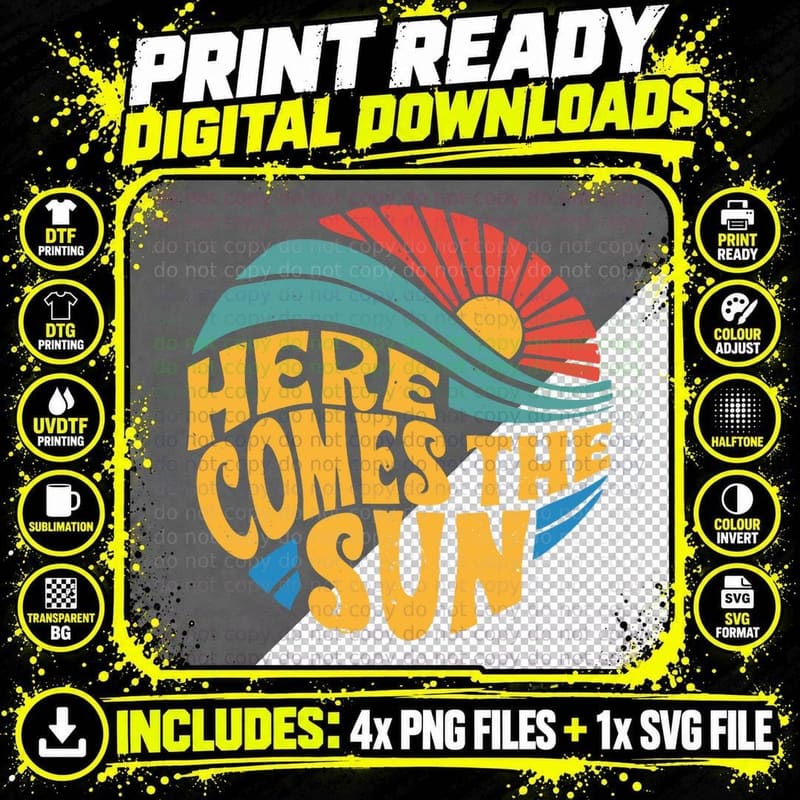 Here Comes the Sun Retro Sunrise Wave Badge Png SVG Digital Bundle