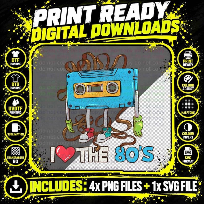 I Love the 80S Cassette Tape Character T-Shirt Png SVG Digital Bundle