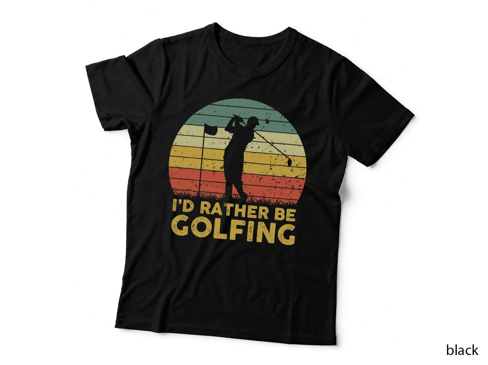 I'd Rather Be Golfing T-Shirt, Retro Sunset Golfer Silhouette, Course Quote