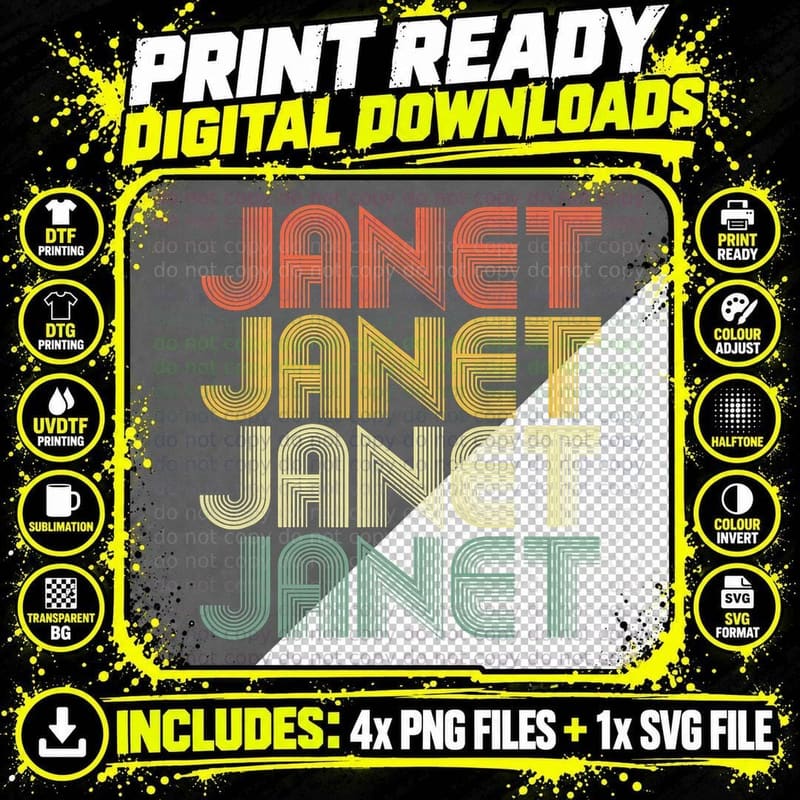 Janet Retro Personalized First Name 1970s Vintage T-Shirt Png SVG Digital Bundle