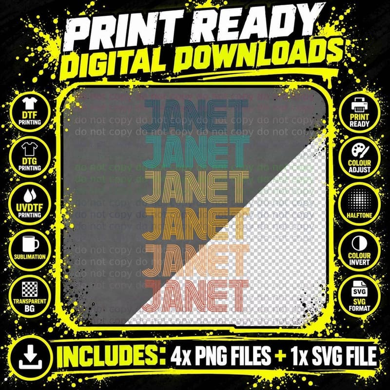 Janet Retro Rainbow Name T-Shirt, Vintage Stacked Png SVG Digital Bundle