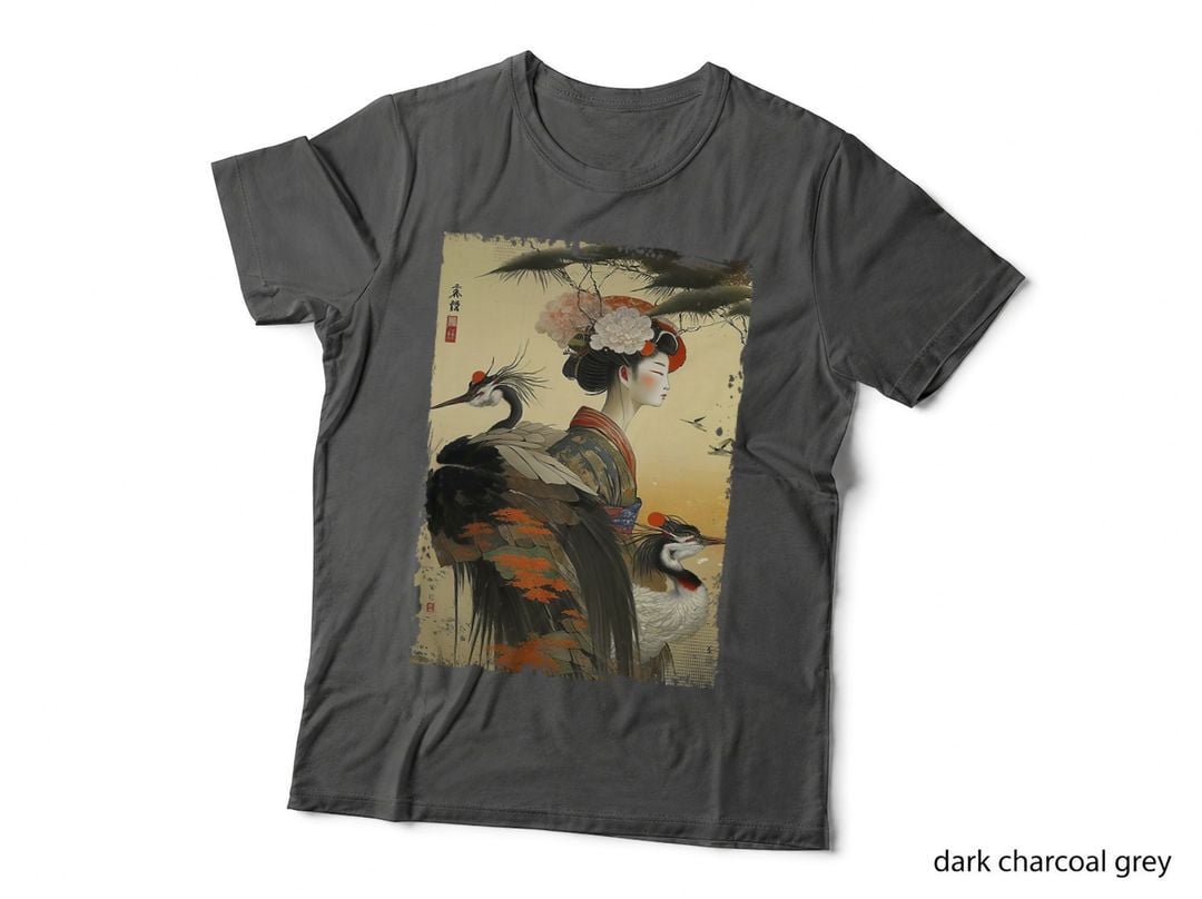 Japanese Crane Woman T-Shirt, Woodblock Art, Vintage Nature Print