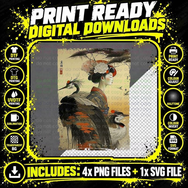 Japanese Crane Woman T-Shirt, Woodblock Art Png SVG Digital Bundle