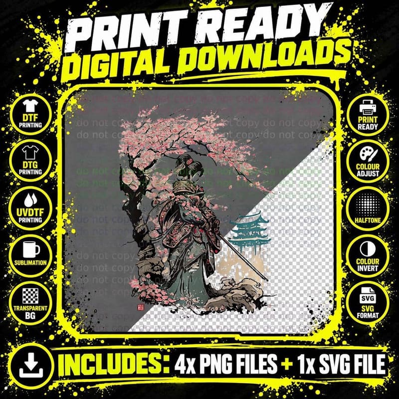 Japanese Samurai Culture Vintage Sakura Cherry Graphic Png SVG Digital Bundle